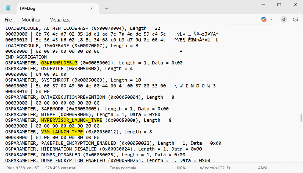 A snip of a test system TCG log obtained via the PCP tool or the TBSLogGenerator showing that there is no Kernel debugger attached and SK has been correctly started.